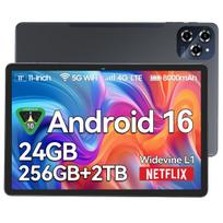 BESTTAB W90 11 colių planšetinis kompiuteris Android 16, 24GB RAM, 256GB atmintis(2 TB TF),Didelis plačiajuostis ekranas L1, aštuonių branduolių T615, 8000 mAh, 5G WiFi, 4G LET, 18W 24+256 pilka