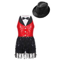 Girl's Sleeveless Sequin Keyhole Back Dress with Hat Jazz Dance Costume for Kids Tango Dancewear 5-6 Years juoda/raudona