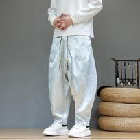 Men's Blue Dragon Jacquard Harem Pants Satin Drawstring Wide Leg Trousers M pilka