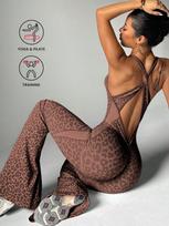 Leopard Print Cross Back Micro Flare Jumpsuit - Women's Fashionable Yoga & Casual Sportswear Small kava