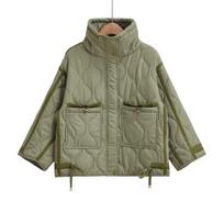 Vintage Stand Collar Pocket Zipper Quilted Padded Jacket Casual Warm Outerwear for Women Autumn Winter Daily Outing XXS žalia