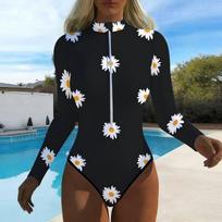 Women Long Sleeve One Piece Swimsuit Zip Front Tropical Flowers Print Rash Guard Surfing Bathing Suit XS juoda