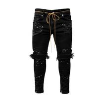 STREETRICH Men Long Jeans Pants Denim Pencil Pant Hole Splice Simple Slim Fit Zipper Lace Up Tight Waist Straight Trousers Autumn S