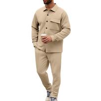 Men's Slim Fit Cardigan Jacket Single-breasted Pocket Long Sleeved Sportswear Elegant Two-Piece Set with Long Pants S chaki