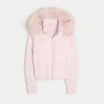 VAYLA Chic Full Sleeve Zipper Pocket Cropped Jacket Fashion Women's Faux Fur Hooded Quilted Coat Winter New Lady Padded Outerwear S rožinė