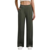 Women's Casual Straight-leg Trousers, High-waisted, Button-down, Elasticated, Wide-leg Trousers With Pockets L armijos žalia spalva