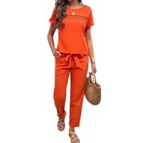 2 Pcs/Set Women Top Pants Suit Hollow O Neck Short Sleeves Pockets Lace-up XL oranžinė