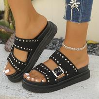 Spot cross-border large-size flat-bottomed slippers summer new wide strip buckle with rivets European and American cool slippers women 35 juoda
