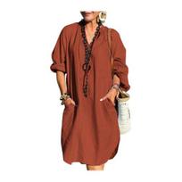 Cotton Linen Dress for Women Boho Casual Beach Vacation Sundress Summer Long Sleeve V Neck Loose Dress L ruda