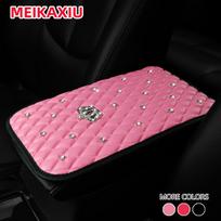 Blingbling Shiny Diamond Inlay PU Artificial Sheepskin Car Armrest Pad Crown Style New Model Interior Supplies rožinė
