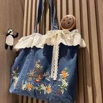 Spring And Summer Mori Sweet Japanese Literary And Retro Sweet Lace Splicing Embroidered Shoulder Denim Handbag Bag