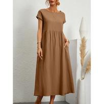 2026 Solid Color Sleeveless Loose Cotton-Linen Pocket Dress S chaki