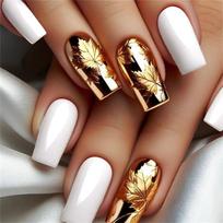 Elegant Fall Press On Nail 24 Pcs Gold and White Glossy Medium Square Shape Full Cover Nail with Maple Leaves Design 1 black