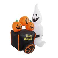 6ft Halloween Inflatable Ghost Pushing Pumpkin Cart Decor IP44 with Blower LED Lights Outdoor Inflatable Decoration US Plug 100‑240V