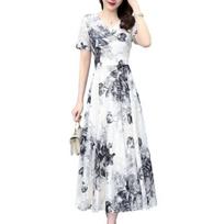 Moteriška vasarinė laisva šifono maksi suknelė, kasdieniška, trumpomis rankovėmis, V formos iškirpte, ilga, boho stiliaus, gėlėta, paplūdimio sundress M balta