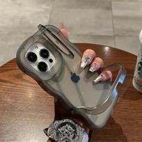 2IN1 Sulankstomas stovas Bangos Skaidrus telefono dėklas iPhone 16 15 11 12 13 14 Pro Max X XR Madingas 3D Garbanotas Atsparus smūgiams Apsauginis dangtelis For iphone 11Promax juoda