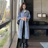 Blue Jacquard Long Denim Windbreaker Women's Autumn New Korean Style Versatile Loose Coat Jacket S mėlyna