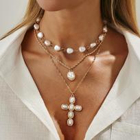 Sweet And Cool Wind Cross Pendant, Collarbone Necklace, Baroque Special-Shaped Imitation Pearl Chain Necklace.