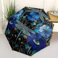 Blue Floral Dragonfly Round Rug, Elegant Home Decor Umbrella, Cute Umbrella with Cute Design, Portable 3-Fold Compact Umbrella for Men & Women, Valent