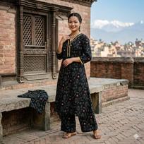 Black Printed Cotton Kurta Cord Set Indian Women Party Wear Kurti Palazzo Set L-40