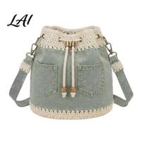 Large Capacity Daily Organizer Bag Denim Crochet Bucket Bag Crossbody with Daisy Embroidery Practical Everyday Purse Pockets Boho Drawstring šviesiai žalios spalvos