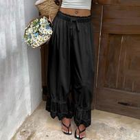 Women's Vintage Wide Leg Pants with Lace Trim and Ruffled Hem, Long Length for Summer Beach Travel and Vacation L juoda