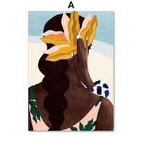 Boho mergaitės gėlės lapai jūra saulė sienos menas drobės tapyba Nordic plakatai ir atspaudai abstraktūs sienos paveikslai svetainės dekoravimui 21cm×30cm NoFrame white