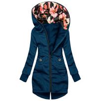 Women Fashion Floral Print Jacket Zipper Pocket Sweatshirt Long Sleeve Coat M tamsiai mėlyna