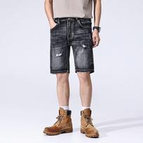 New Summer American Casual Denim Shorts Retro Straight Mid-tie Ripped Five-point Pants 28