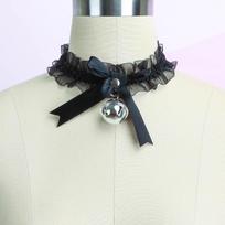 Lace Choker with Small Bell - Sexy Maid Style Clavicle Pendant juoda