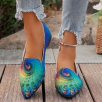 Fashion Female Shoes on Sale 2024 Vintage Print Women's Flat Shoes Casual Fashion Lazy Shoes Anti-slip Wear-resistant Ladies Work Shoe 36 mėlyna