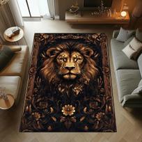Lion Baroque Rug, Gothic Black Gold Area Carpet, Regal Animal Floor Decor, Washable Non Slip Bold Statement Rug 40x60cm