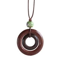 Wood Round Ring Pendant Necklace Adjustable Long Sweater Chain Vintage Handmade Collar Necklace Statement Jewelry S