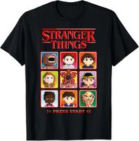 Stranger Things 5 sezonas Retro vaizdo žaidimo personažų pasirinkimo marškinėliai M brown