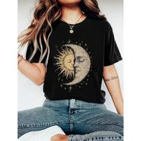 European Size Womens Bohemian Sun Moon Faces Print T Shirt Vintage Hippie Vibe Round Neck Short Sleeve Mystical Casual Spring Summer Wear Top S juoda