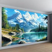 2D Forest Mountain Backdrop, Crystal Lake and Snow-Capped Peaks Photography Background for All Occasions 47.2x31.5inch/120*80cm