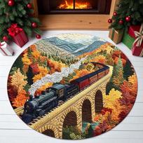 Train Tracks Round Rug Kids Playroom Rug Red Train Holiday Tunnel Rug Festive Railway Mat Living Room Cozy Holidays Carpets 100cm