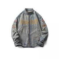 Men's Vintage Washed Denim Jacket With Custom Patch And Embroidery Detail S mėlyna