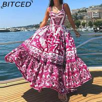 BITCED Spring Collection Bohemian-inspired Elegant Mid-Length Wide-Hem Printed Halter Neck Dress S ryškiai rožinė