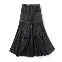 Detachable Black Multi-pocket Tooling Denim Long Skirt Women's Autumn and Winter High Street Loose Slim Long Skirt S