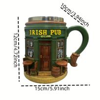 Irish Mug, Steel & Resin, Shamrock Ornament. Durable, Ideal Gift for St. Patrick's Day & Home Decor. 201-300ml žalia