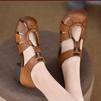 Leather Roman sandals women's summer 2025 new thick heel bag head hollow women's shoes low heel mother shoes hole shoes women 35 chaki