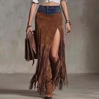 Women's Color Tassel-Patchwork Denim Asymmetrical Suede Midi Skirt M ruda