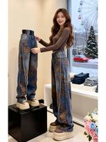 American Retro High Waist Printed Wide Leg Denim Pants S 80-100