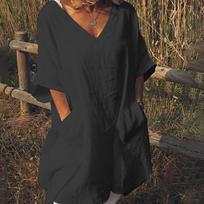 Women's Casual Color Mid-sleeve V-neck Pocket Cotton And Linen Dress XXXXL juoda