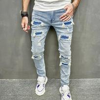 Ripped Holes Solid Slim Fit Distressed Men Casual Skinny Jeans Denim Trousers Stylish Hip Hop Streetwear Pants for Male 28 mėlyna