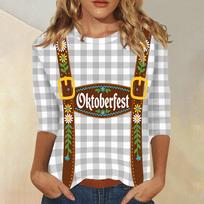Moteriškas laisvalaikio viršus su trim ketvirčiais rankovių, Oktoberfest raštas, apvali apykaklė, languotas raštas, lengvas audinys, patogus prigludimas XXXL smėlis