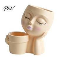 Indoor Plant Pot Creative Eyelash Doll Succulents Planter, Cute Sleeping Face Ceramic with Double Decorative Flower Vessel Holes, Kawaii Desktop Decor