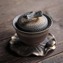 150ml Ceramic Sancai Gaiwan Lotus Leaf Tea Bowl Vintage Tea Offering Bowl Style A