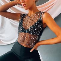 Seksualus permatomas karštas gręžtuvas Pearl Beach Cover Up Moteriškos tinklinės permatomos rankovės sportinės suknelės Karšta mergaičių klubinė apranga Seksualus atostogų vakarėlis, apkarpymas, Top Moterys L juoda